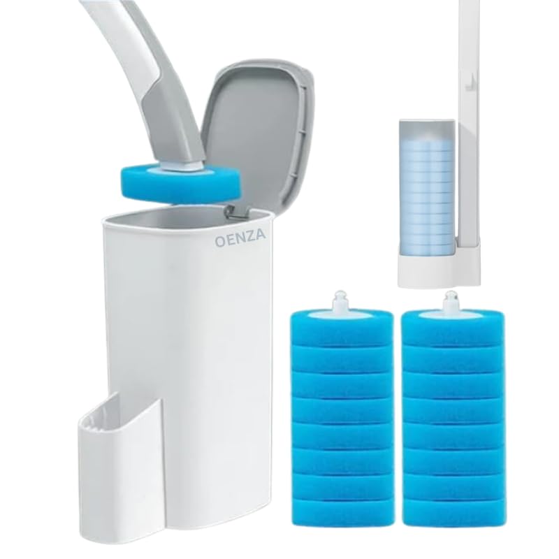 Stanley Toilet Cleaner Brush with 4-Piece Sponge Refill Set – Disposable Brush Heads, Bathroom Toilet Bowl Cleaning Kit with Holder (White)