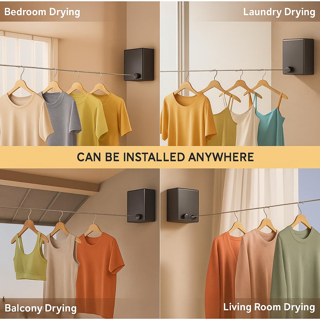 Retractable Clothesline Wall Mounted | Single Line 4.2 Meter Wire | Heavy Duty 20 Kg Load | Plastic & Metal | Bathroom, Balcony, Indoor Use (Black)