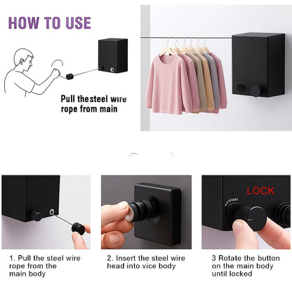Retractable Clothesline Wall Mounted | Single Line 4.2 Meter Wire | Heavy Duty 20 Kg Load | Plastic & Metal | Bathroom, Balcony, Indoor Use (Black)