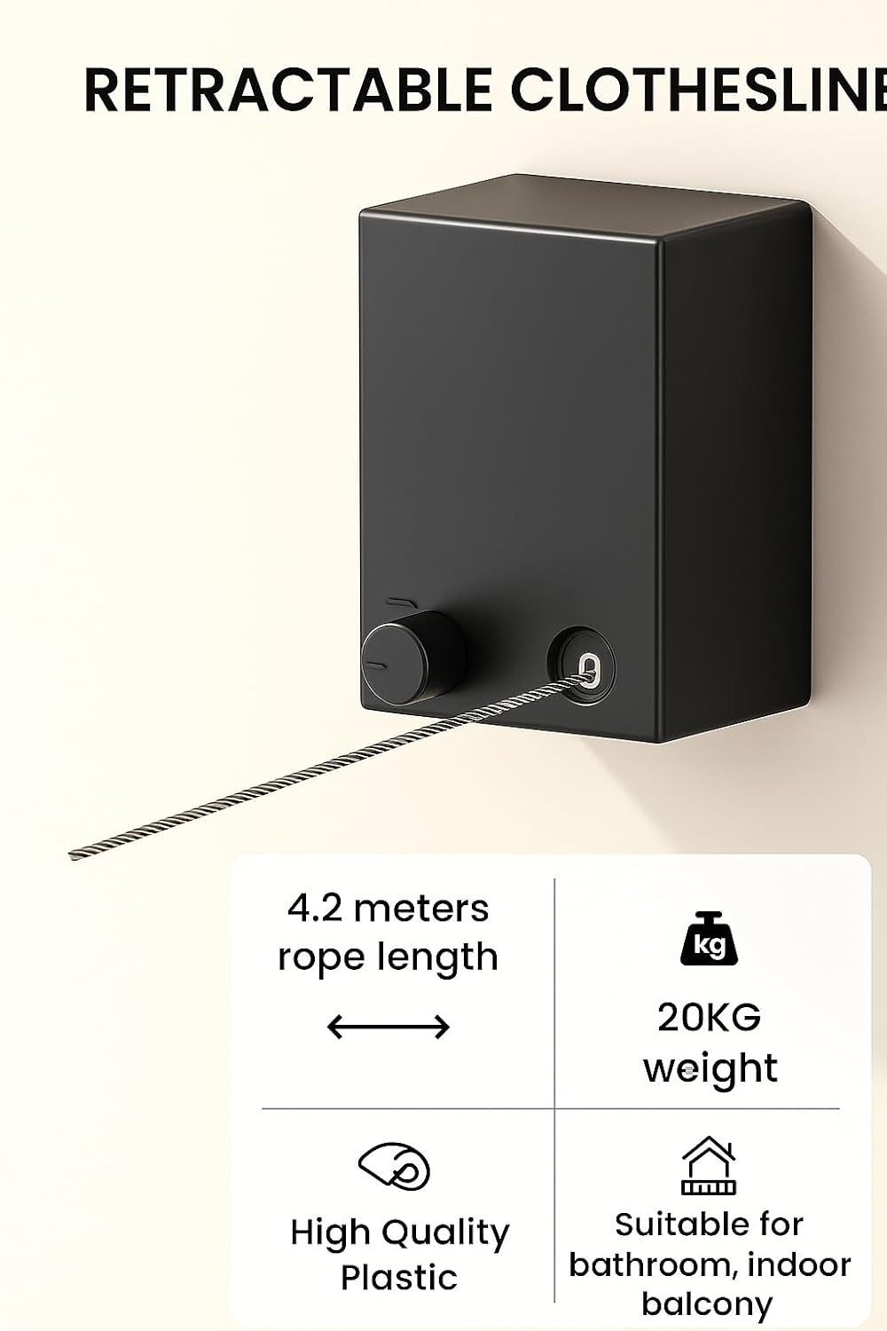 Retractable Clothesline Wall Mounted | Single Line 4.2 Meter Wire | Heavy Duty 20 Kg Load | Plastic & Metal | Bathroom, Balcony, Indoor Use (Black)