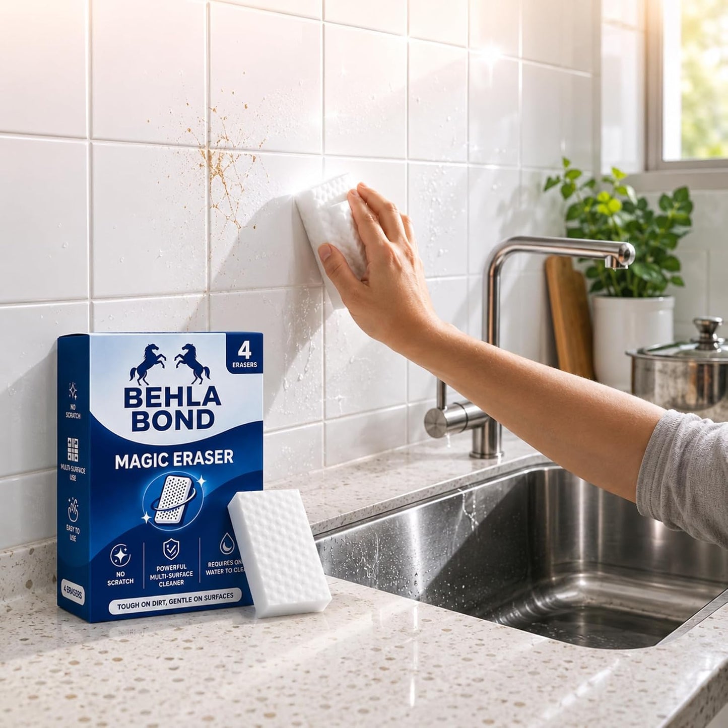 Magic Eraser Sponge 4 Pack | Multi Surface Cleaning Melamine Foam Pad for Wall Marks, Kitchen Tiles, Bathroom Basin, Stain and Scuff Remover