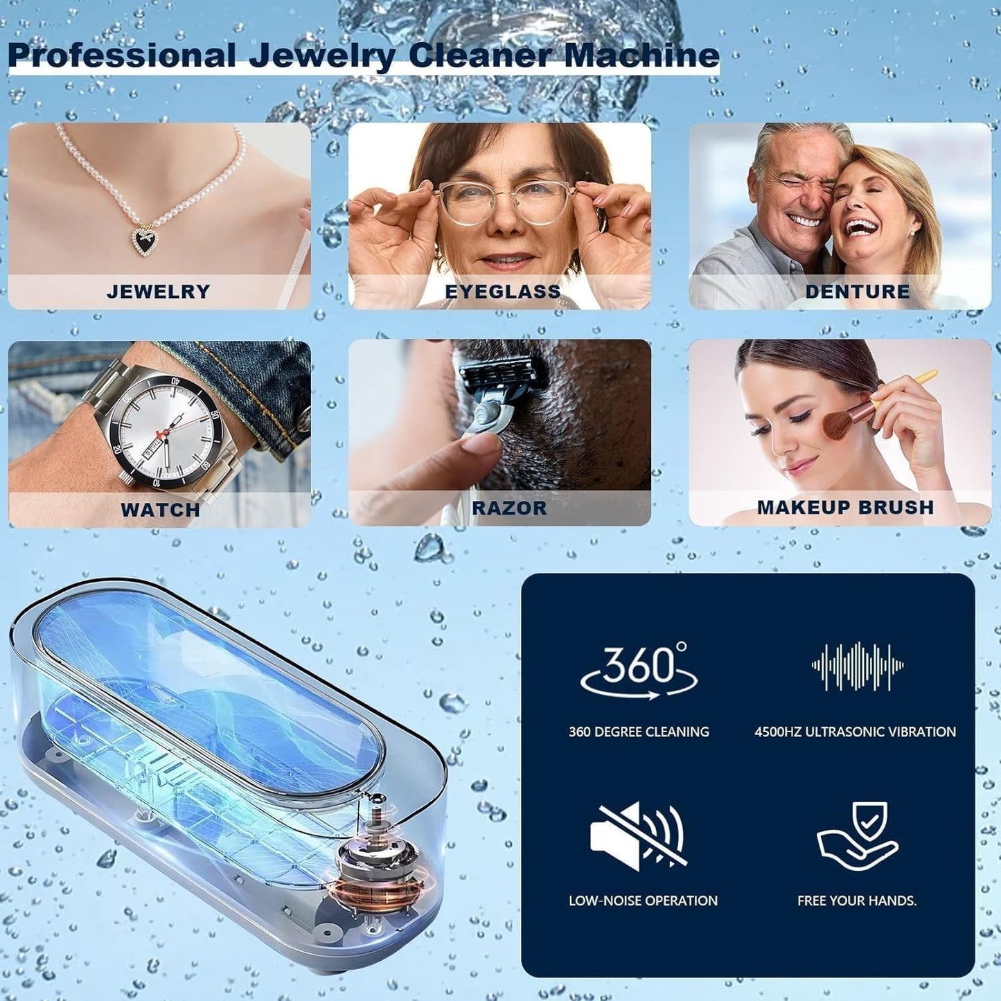 Ultrasonic Jewelry Cleaner Portable Professional Mini Household Ultrasonic Cleaning Machine for Jewelry, Eyeglasses, Watches, Rings, Retainer, Coins Ultrasonic Vibration Machine