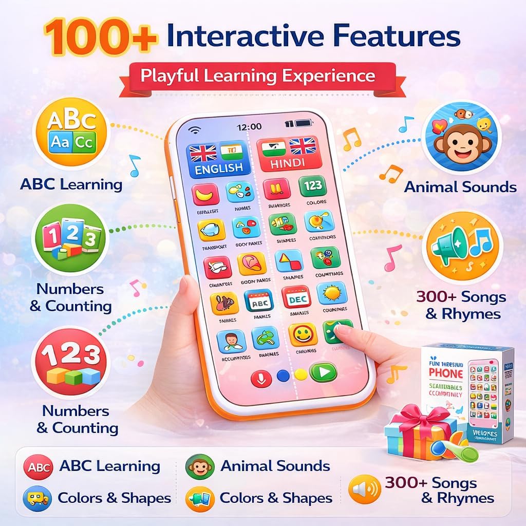 Neel Kids Mobile Phone Toy Kids Learning Musical Phone Toy with 28 Interactive Functions Hindi & English Toddler Learning Phone for Boys & Girls Age 2+