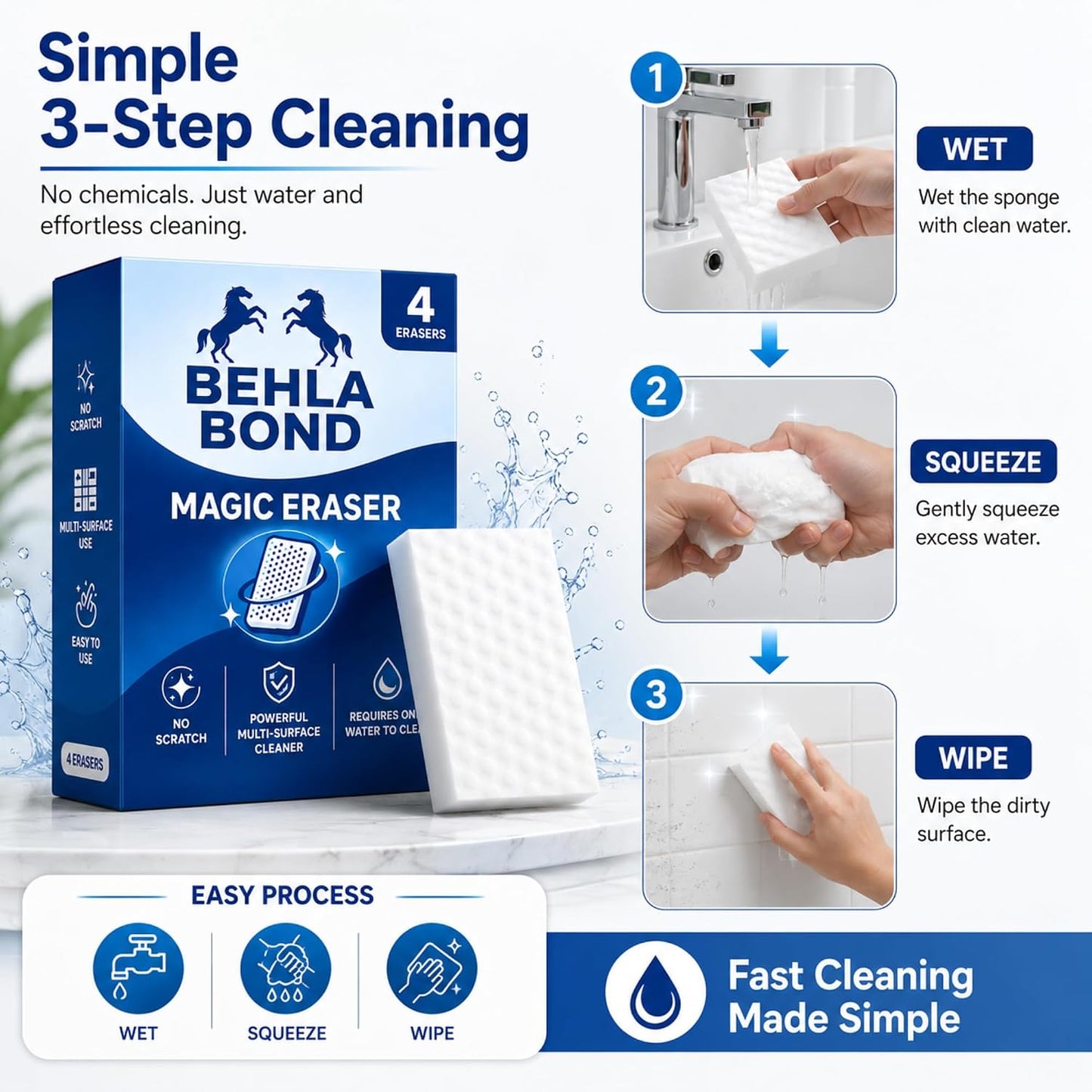 Magic Eraser Sponge 4 Pack | Multi Surface Cleaning Melamine Foam Pad for Wall Marks, Kitchen Tiles, Bathroom Basin, Stain and Scuff Remover