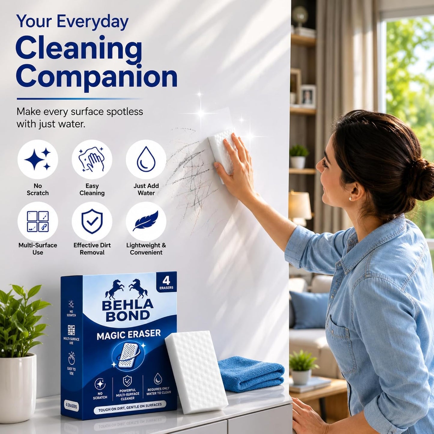 Magic Eraser Sponge 4 Pack | Multi Surface Cleaning Melamine Foam Pad for Wall Marks, Kitchen Tiles, Bathroom Basin, Stain and Scuff Remover