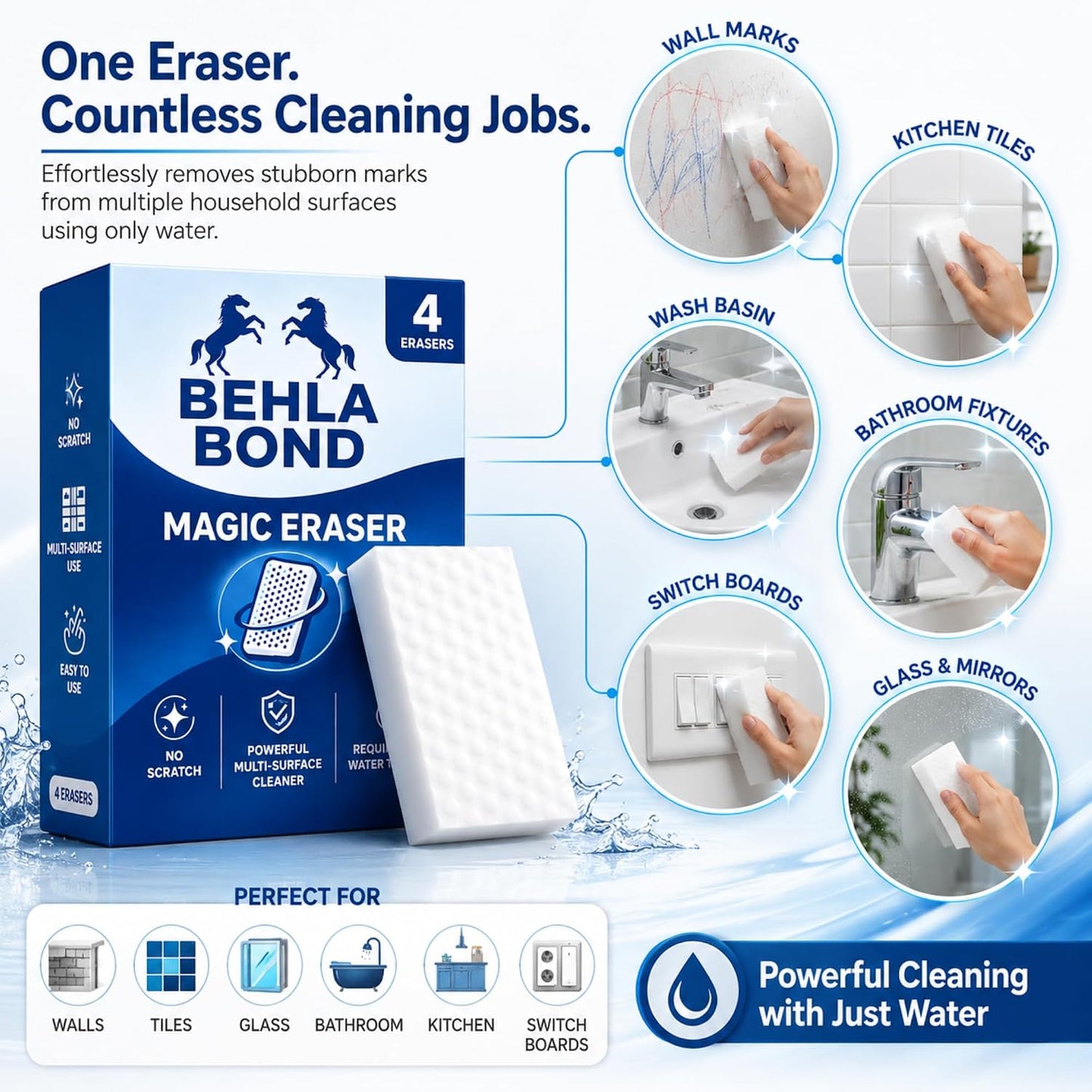 Magic Eraser Sponge 4 Pack | Multi Surface Cleaning Melamine Foam Pad for Wall Marks, Kitchen Tiles, Bathroom Basin, Stain and Scuff Remover