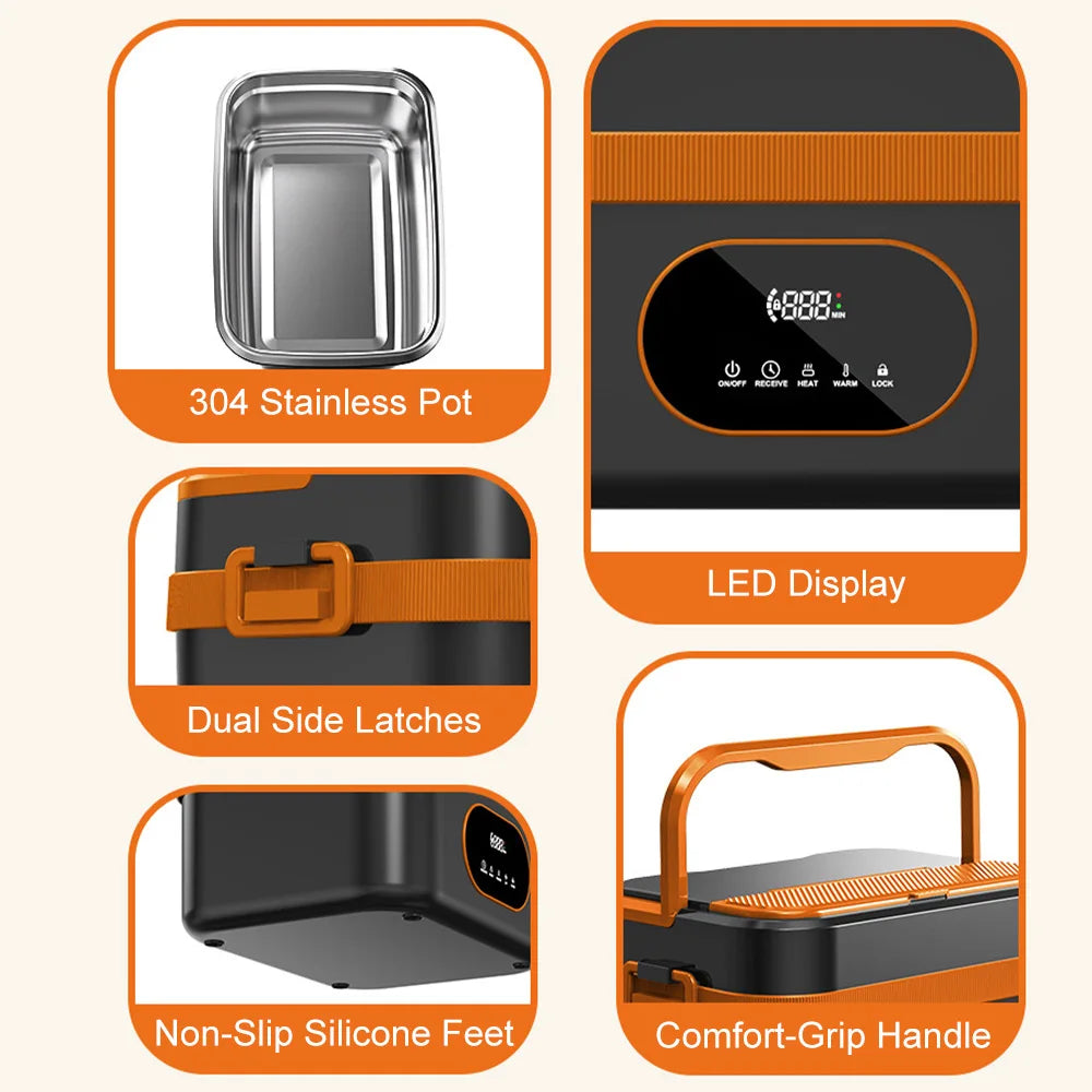60W Cordless Electric Lunch Box for Adults, 7.4V Battery Powered Smart Self-Heating Lunchboxes Warm Food Warmer, 1.5L Food Grade Stainless Steel Leakproof Bento Box for Office Work Camping Travel UK Stock