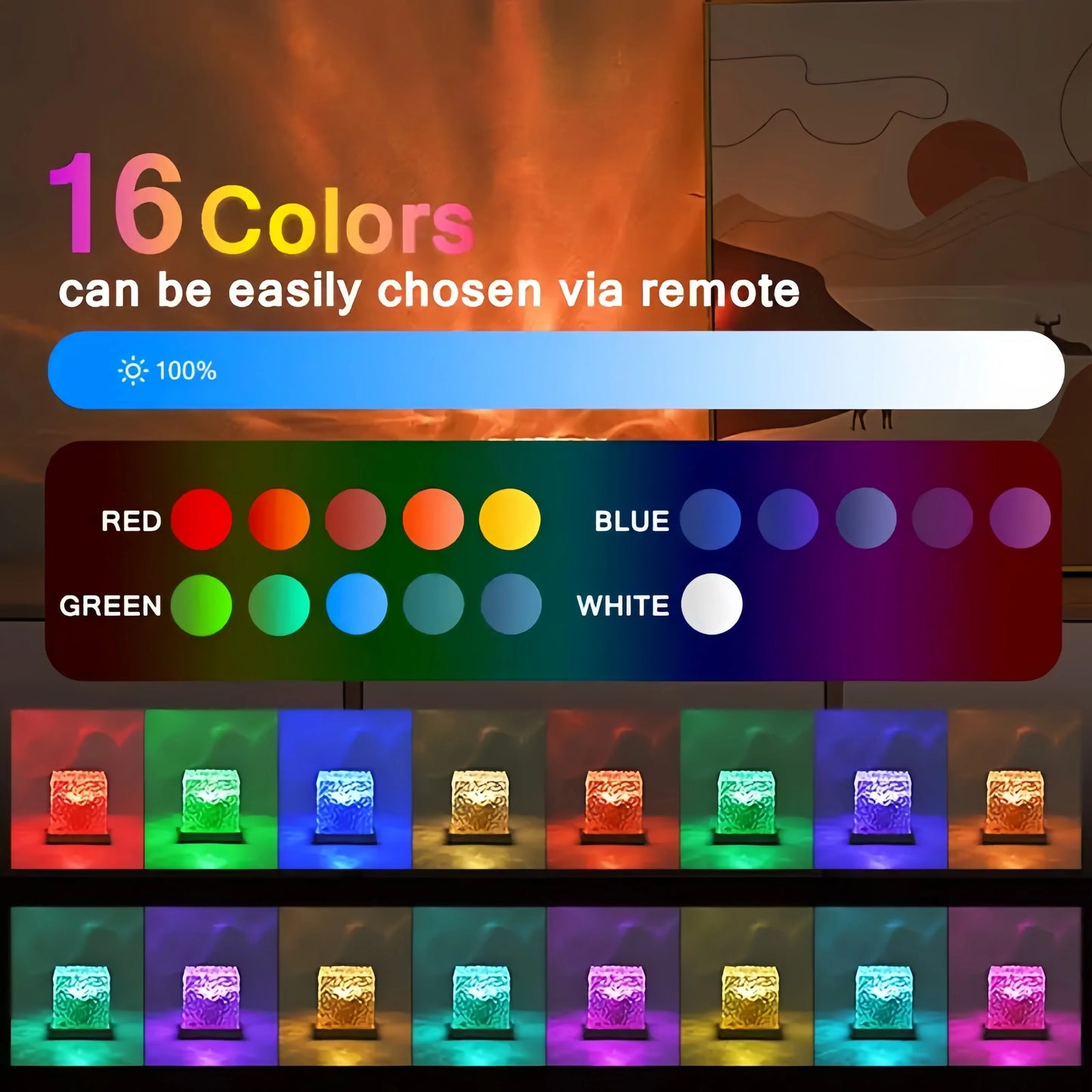 Ocean Wave Aurora Projector Light Remote 16 Colors RGB Dimmable Water Ripple Flame Crystal Lamp for Living Room Study Bedroom