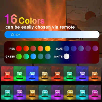Ocean Wave Aurora Projector Light Remote 16 Colors RGB Dimmable Water Ripple Flame Crystal Lamp for Living Room Study Bedroom