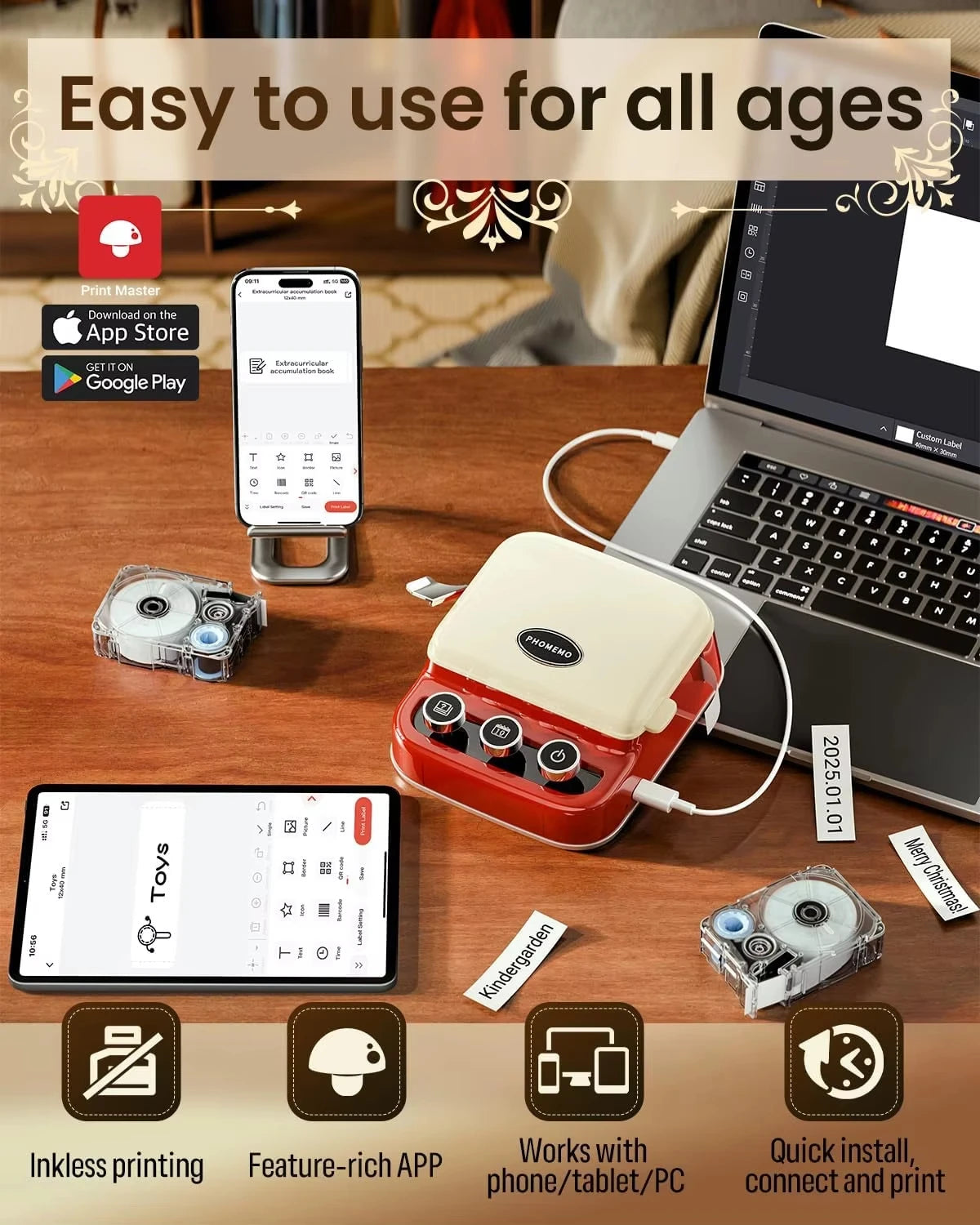 Phomemo P15 Gift Label Printer Label Printer Ribbon Label Printer Bluetooth-enabled Printing Rechargeable for Name Tag